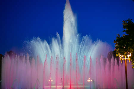 Night Photograph Of The Performance Of The Singing Magic Fountain Of Montjuic In Barcelona, Catalonia, Spain.の写真素材