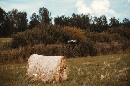 Drone With Camera Rose Over Rural Road, Next To Haystack.の写真素材