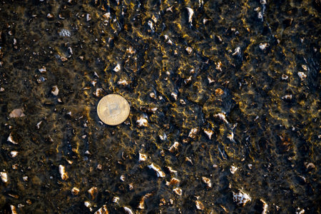 Bitcoin Coin Lies On Stone Pier Covered With Water Moraitika, Corfu, Greece. The Concept Of Payment For Nature And Unlimited Possibilities. Copy Spaceの写真素材