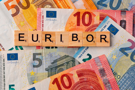 Word EURIBOR Is Written In Wooden Letters On Background Of Euro Banknotes. Copy paste.の写真素材