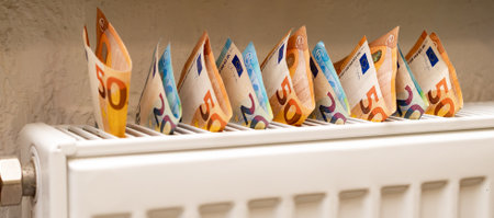 Close-Up Of White Radiator with 50 and 20 Euro Banknotes. Concept Of Expensive Heating And Electricity.の写真素材