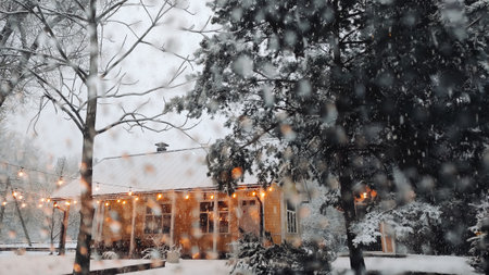 View Of Snow-Covered Yellow Building And Cozy Bulb Lighting Against Background Of Snow-Covered Trees During Snowfall.の写真素材