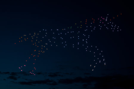 Riga, Latvia - 27.04.2023: Baltic Drone Show, Simulation of a unicorn by drones.のeditorial素材