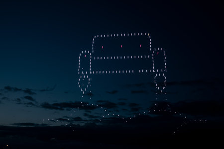 Riga, Latvia - 27.04.2023: Baltic Drone Show, Imitation of a flying sofa by drones.のeditorial素材