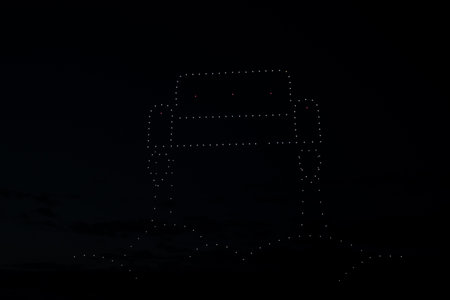 Riga, Latvia - 27.04.2023: Baltic Drone Show, Imitation of a flying sofa by drones.のeditorial素材