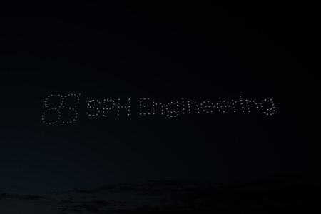 Riga, Latvia - 27.04.2023: Baltic Drone Show, Company name in the drone sky - SPH Engineering.のeditorial素材