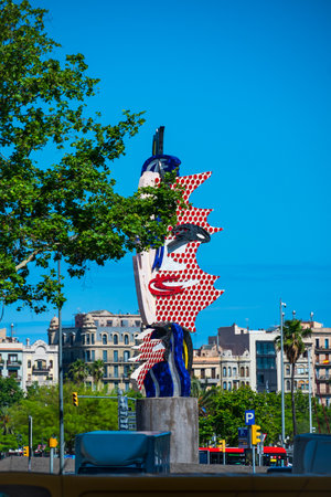 Barcelona, Spain - May 26 2022: Incredible surreal sculpture - The Face of Barcelona by artist Roy Lichtenstein.のeditorial素材