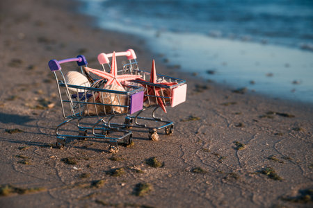 Two baskets full of shells and other marine souvenirs. The concept of shopping for souvenirs on vacation.の写真素材