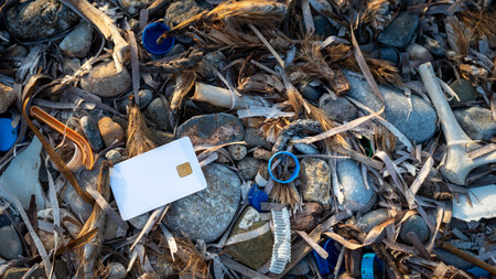 A white bank card against a background of stones and a bunch of garbage and microplastics. Concept...