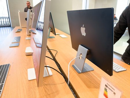 Barselona, Spain - 13.01.2024: A stand with different apple monitors- Studio Display in the official...