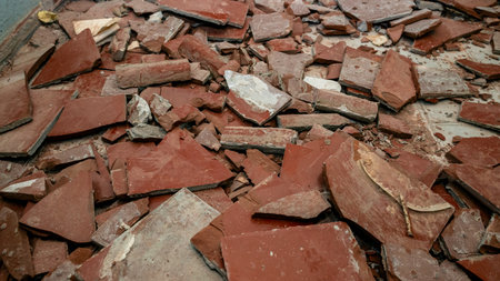 Pieces of broken tiles on the floor. The beginning of a rebirth and a new life.