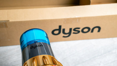 Jurmala, Latvia 07.07.2024: Close-up of the washable hepo filter of the Dyson V15 detect absolute hoover on Dyson box bakcground.のeditorial素材