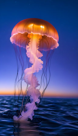 Jellyfish in the ocean at sunset. 3D rendering.の素材