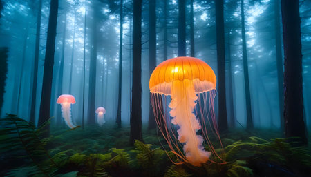 Jellyfish in the dark forest with fog. Colorful jellyfish.の素材