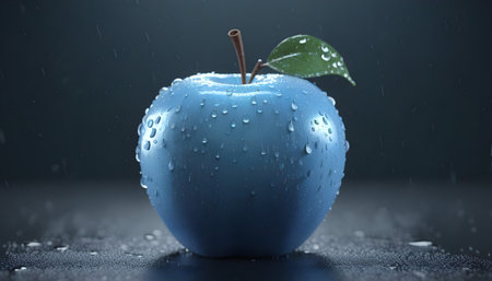 Blue apple with water drops on dark background. 3D illustration.の素材