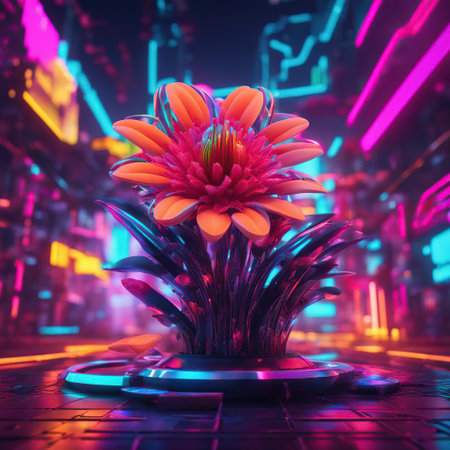 Futuristic artificial flower in neon light. 3D rendering.の素材
