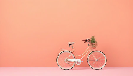 Bicycle with flower on pastel pink background. Minimal concept.の素材