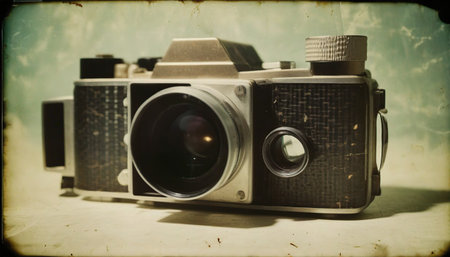 Vintage camera on grunge background. Photo in old color image styleの素材