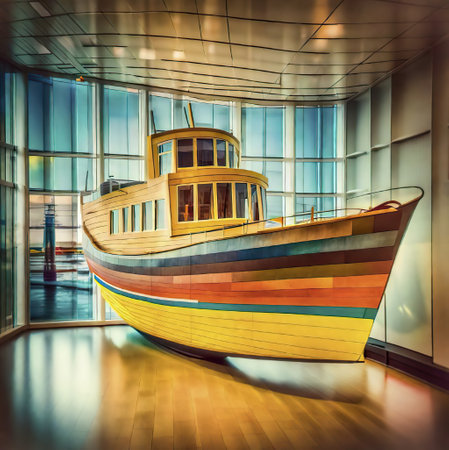 3d rendering of a wooden boat in the interior of a modern buildingの素材