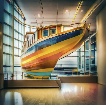 Boat in the lobby of the modern building. 3d renderingの素材