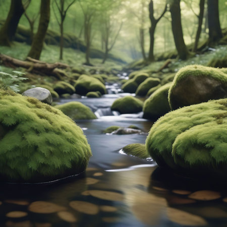 Mossy rocks in a stream in the forest with a blurred backgroundの素材