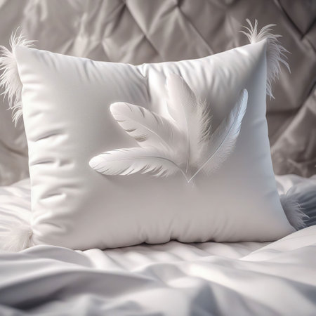 White pillow with feather on the bed. 3d rendering, mock upの素材
