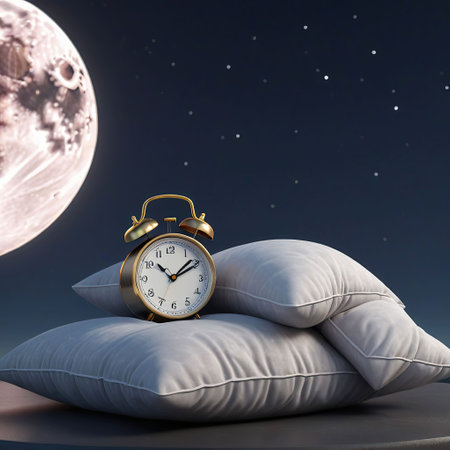 Alarm clock on a pillow against the background of the moon. 3d renderingの素材