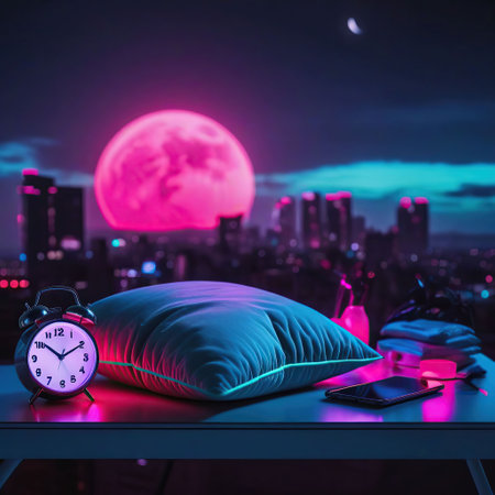 Alarm clock and pillow on table with night city background. Time management concept.の素材