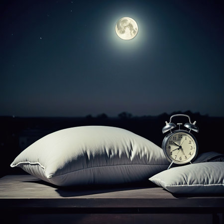 Comfortable pillow and alarm clock on table in bedroom at night.の素材