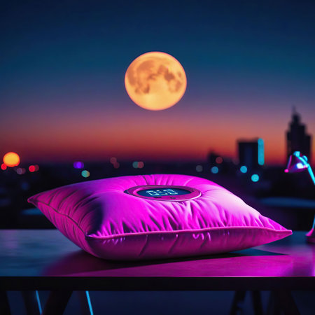 pink pillow on table with full moon in the background at nightの素材