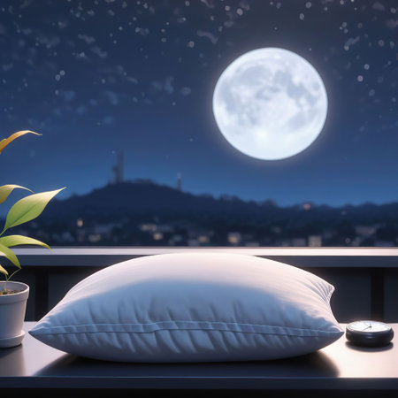 Comfortable pillow on the table and night city view. 3d renderingの素材