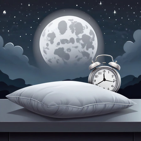 Alarm clock and pillow on the table at night. Vector illustration.の素材