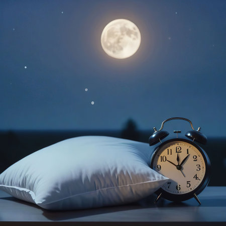 Alarm clock and pillow on table in bedroom at night with full moonの素材
