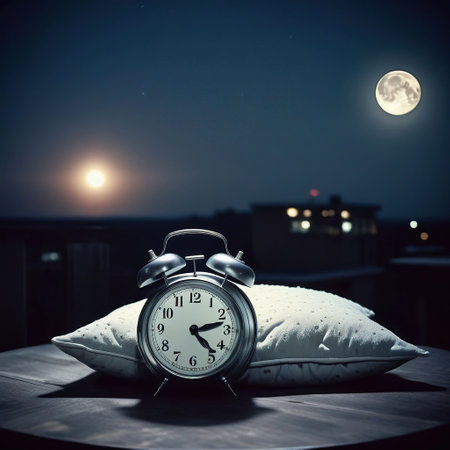 Alarm clock and pillow on the table in the dark night.の素材