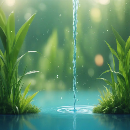 Water drops in the water with green grass and bokeh backgroundの素材
