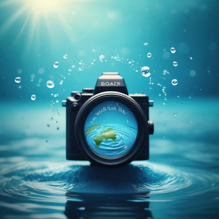digital camera with world map on water surface. 3d illustration.の素材