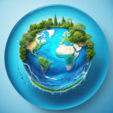 Planet earth with green trees and grass on blue background. 3D renderingの素材