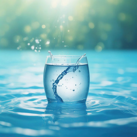 Water splash in glass with water drops and chain on blue background.の素材