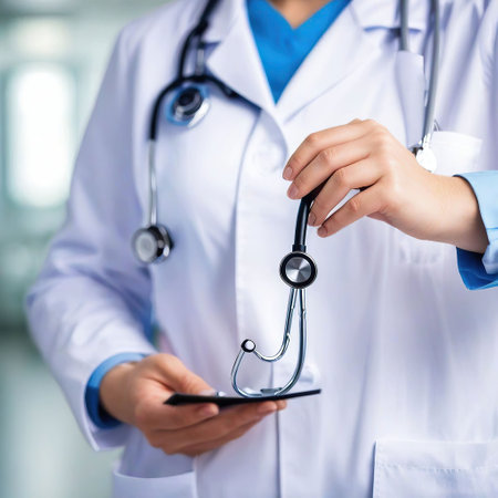 close up of a female doctor with stethoscope and mobile phoneの素材