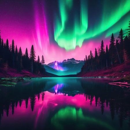 Aurora borealis, northern lights over lake in the mountainsの素材
