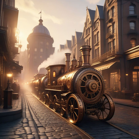 Old steam locomotive in the city. 3D illustration. Vintage style.の素材