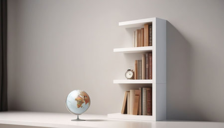 Bookshelf with globe and books on white background. 3d illustrationの素材