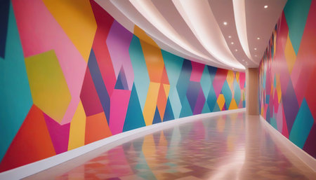 Interior of a modern art gallery with colorful walls and floor.の素材