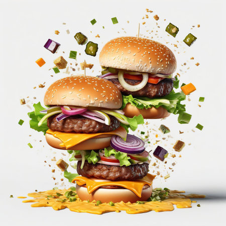 Flying cheeseburger with flying ingredients isolated on white background. 3d illustrationの素材