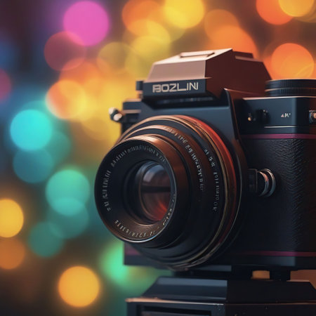 Vintage camera on bokeh background, vintage color toneの素材