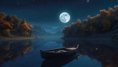 Fantasy landscape with boat on the lake in the moonlight.の素材
