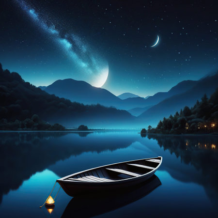 Fantasy night landscape with boat on the lake. Vector illustration.の素材