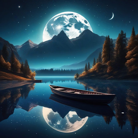 Fantasy landscape with a boat on a lake and mountains at nightの素材