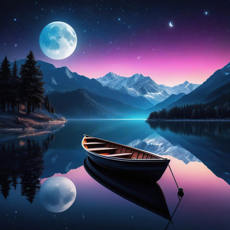 Fantastic night landscape with a boat on a lake in the mountainsの素材