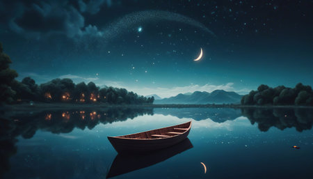 Fantasy night landscape with a boat on the lake and mountains in the backgroundの素材
